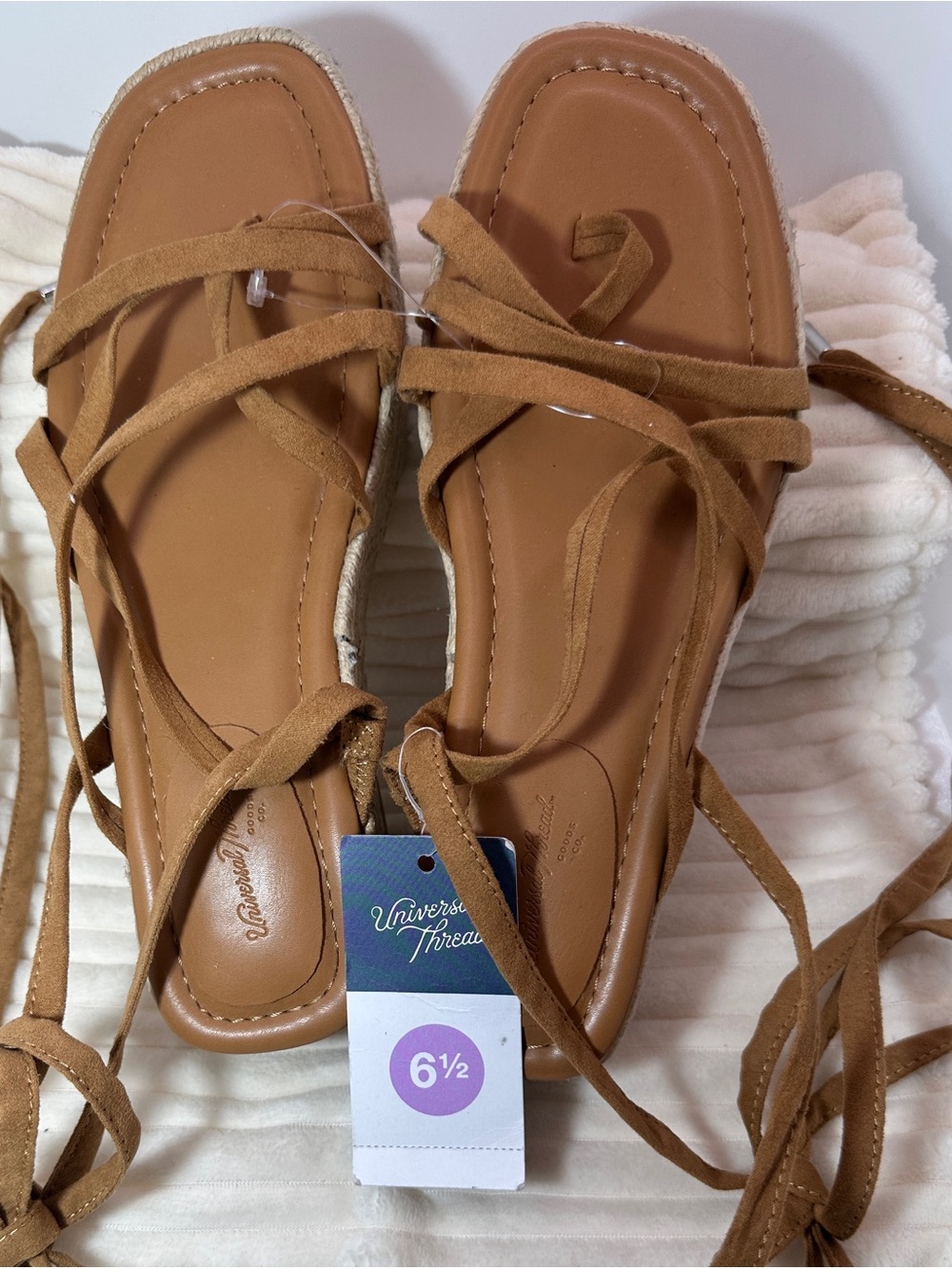 Universal Thread Women's Size 6.5 Brown Beige Suede Strap Tieโ Up Sandals